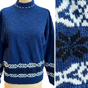 VINTAGE 80s fair isle snowflake textured knit sweater mock neck ski lodge resort